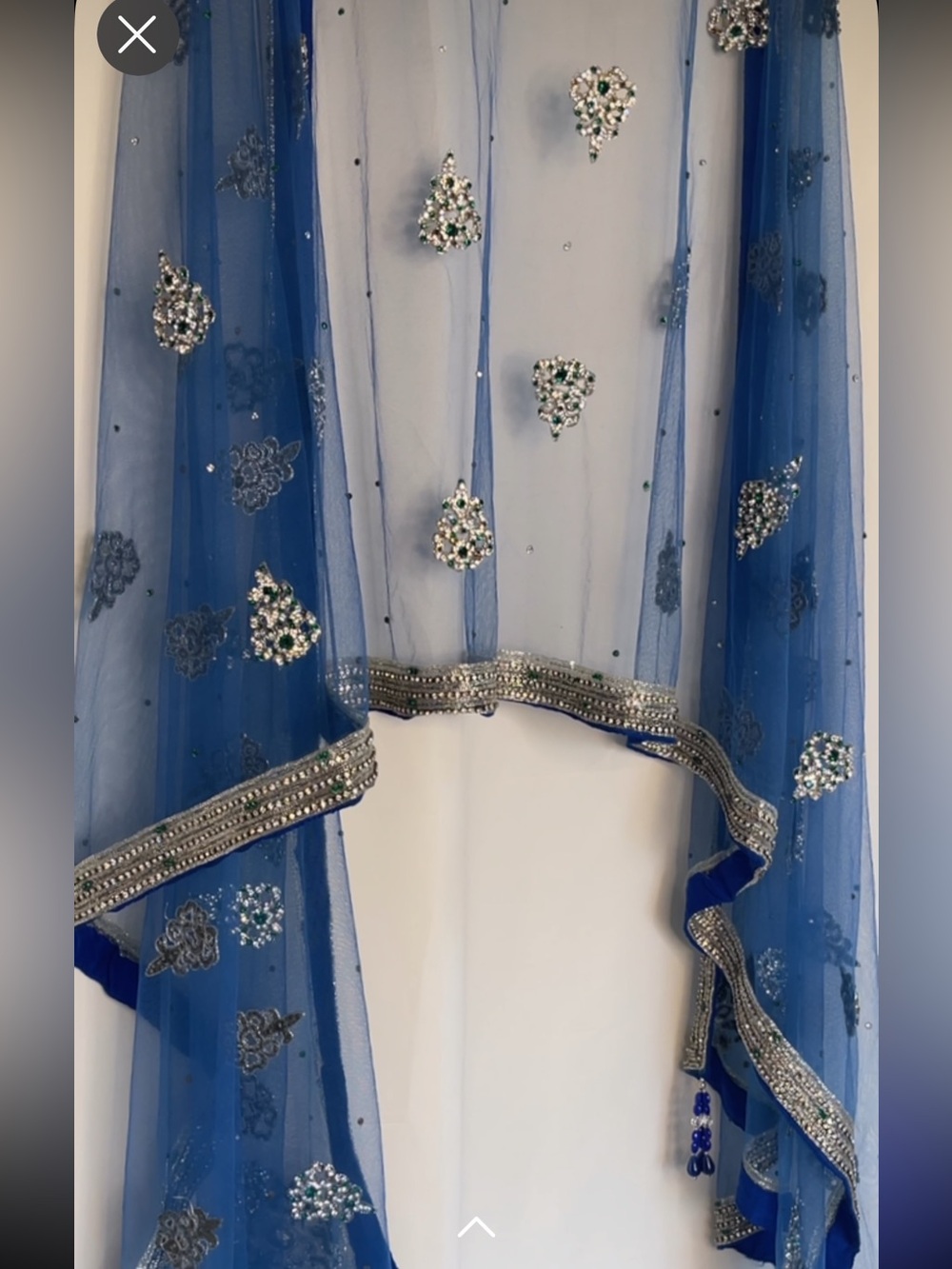 Great Quality Blue Embellished Formal Dupatta with Silver/Green accents.